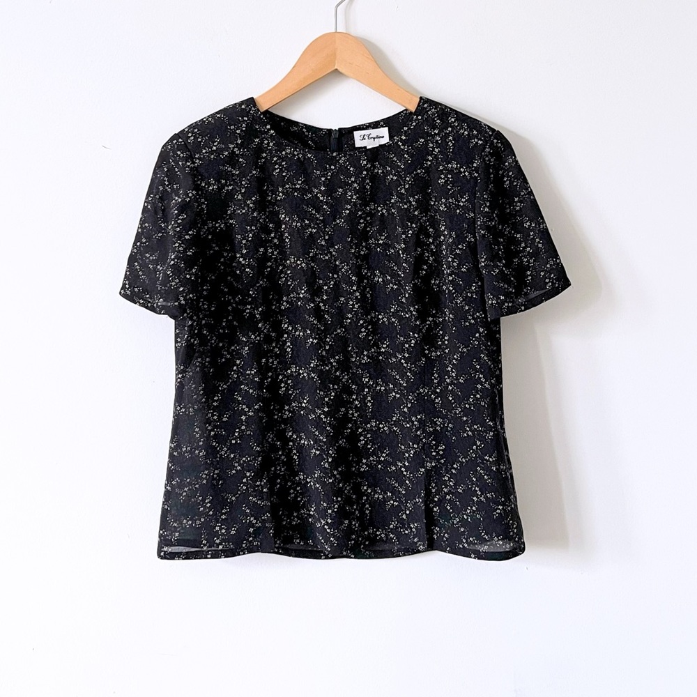 Vintage Le Crystino Black Beige Cream Floral Short Sleeve Crew Neck Blouse Top M